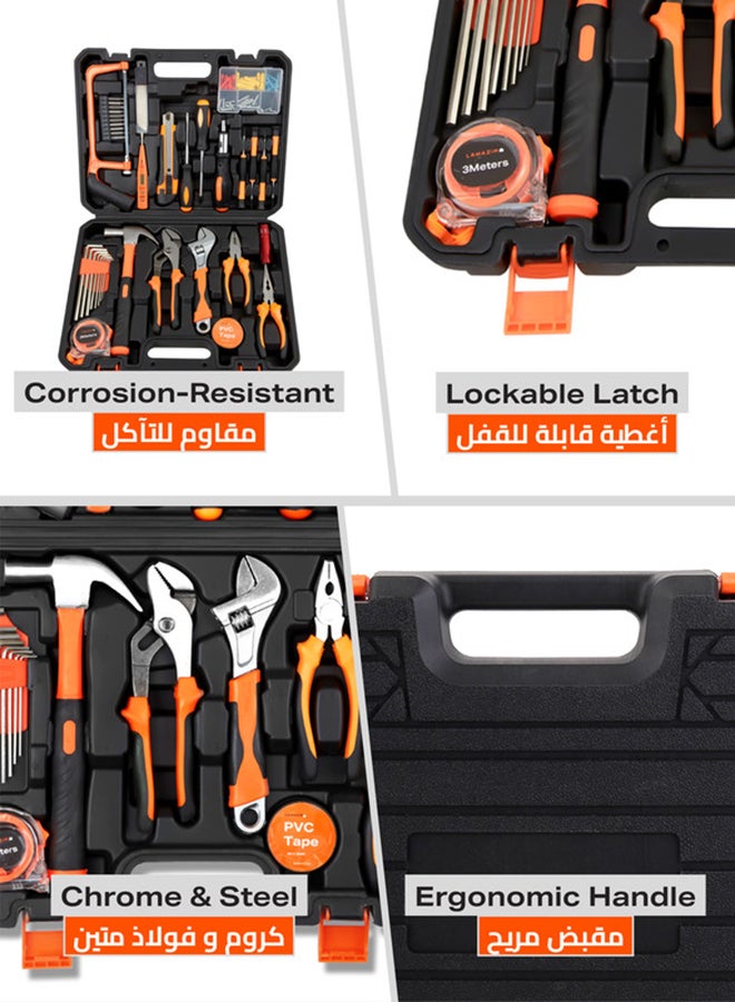 LAWAZIM - Tools Set - 100 Piece - Heavy-Duty Hand Tools Kit with Hacksaw Screwdrivers Wrenches Pliers Hex Keys 3M Measuring - for Home Repairs DIY Furniture Assembly Electrical Work Carpentry Workshop Black/Orange/Silver - Image 1