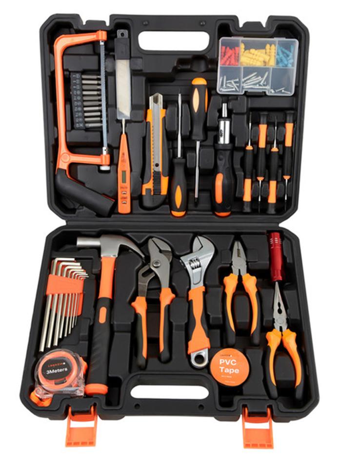 لوازم طقم أدوات متينة 100 قطعة مع حقيبة - مجموعة أدوات يدوية قوية تضم منشار، مفكات، مفاتيح ربط، كماشات، مفاتيح سداسية، شريط قياس 3 متر، مثالي لأعمال الصيانة المنزلية، التجميع، الأعمال الكهربائية، النجارة، وورش العمل. أسود/برتقالي/فضي - Image 1