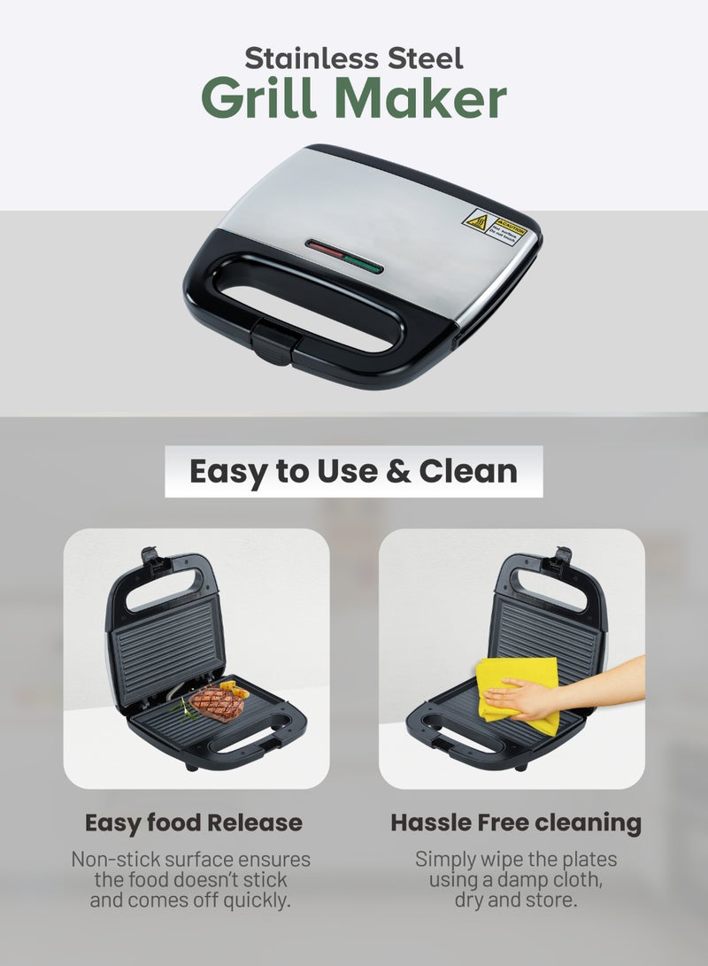 GEEPAS Portable Powerful  2 Slice Grill Maker with Non-Stick Coated Plates With Safety Locks, Stainless Steel, Cool Touch Handle & Skid- Resistant Feet, Power On & Ready Light Indicators 750 W GGM6001 Black/Grey  - Image 5