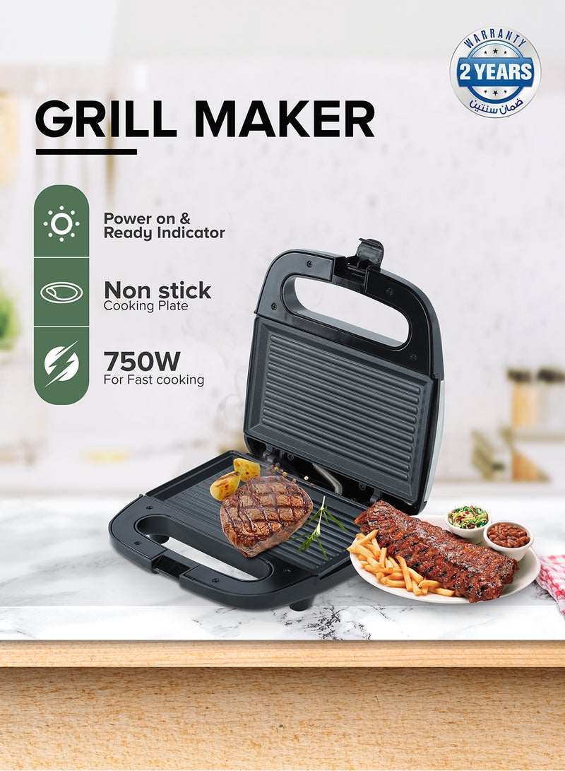 GEEPAS Portable Powerful  2 Slice Grill Maker with Non-Stick Coated Plates With Safety Locks, Stainless Steel, Cool Touch Handle & Skid- Resistant Feet, Power On & Ready Light Indicators 750 W GGM6001 Black/Grey  - Image 2