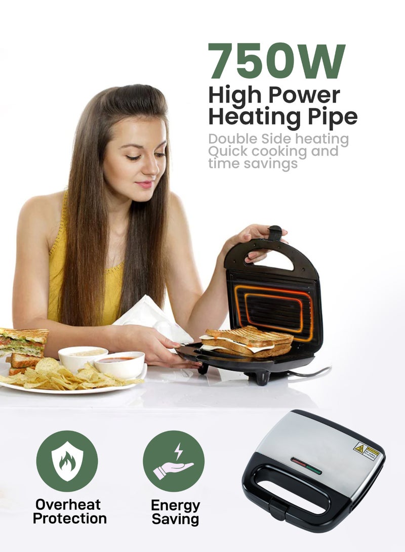 GEEPAS Portable Powerful  2 Slice Grill Maker with Non-Stick Coated Plates With Safety Locks, Stainless Steel, Cool Touch Handle & Skid- Resistant Feet, Power On & Ready Light Indicators 750 W GGM6001 Black/Grey  - Image 4