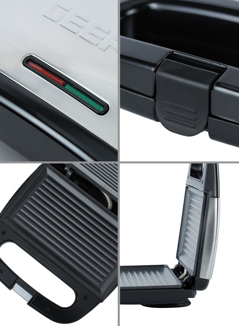GEEPAS - Portable Powerful  2 Slice Grill Maker with Non-Stick Coated Plates With Safety Locks, Stainless Steel, Cool Touch Handle & Skid- Resistant Feet, Power On & Ready Light Indicators 750 W GGM6001 Black/Grey - Image 1