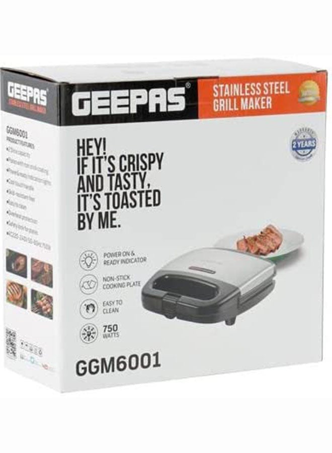 GEEPAS - Portable Powerful  2 Slice Grill Maker with Non-Stick Coated Plates With Safety Locks, Stainless Steel, Cool Touch Handle & Skid- Resistant Feet, Power On & Ready Light Indicators 750 W GGM6001 Black/Grey - Image 1