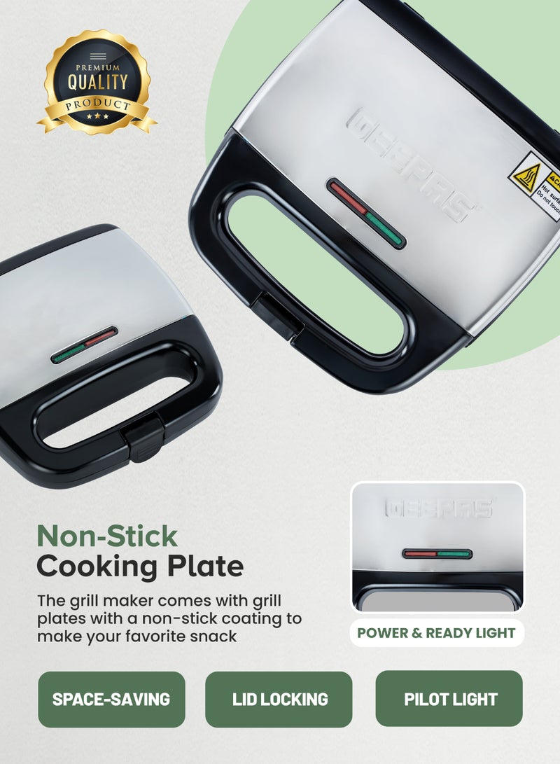 GEEPAS Portable Powerful  2 Slice Grill Maker with Non-Stick Coated Plates With Safety Locks, Stainless Steel, Cool Touch Handle & Skid- Resistant Feet, Power On & Ready Light Indicators 750 W GGM6001 Black/Grey  - Image 3