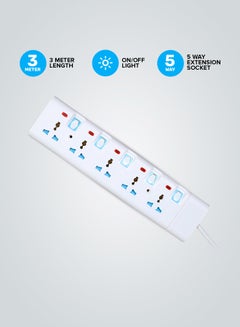 5 Way Extension Socket 13A – 4 Power Switches with Led Indicators | Extra Long 3m Cord with Over Current Protected | Ideal for All Electronic Devices White