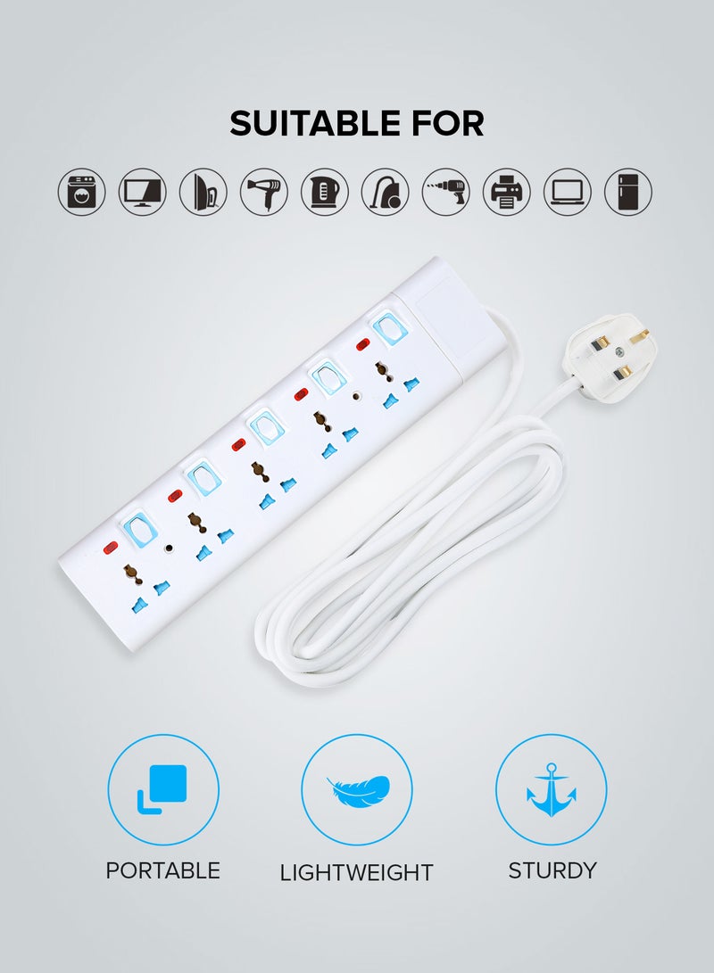 GEEPAS - 5 Way Extension Socket 13A – 4 Power Switches with Led Indicators | Extra Long 3m Cord with Over Current Protected | Ideal for All Electronic Devices White - Image 1