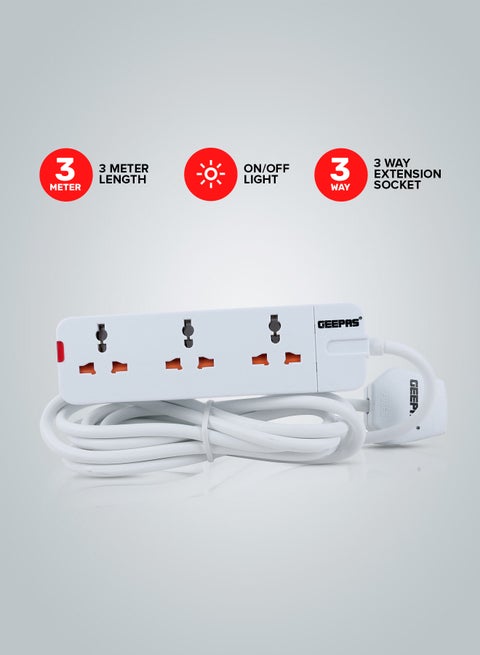 3 Way Extension Socket 13A - Charge Multiple Devices with Child Safe, Extra Long Cord & Over Current Protected | Ideal For All Electronic Devices, 3m White 34.2x13.8x3.4cm