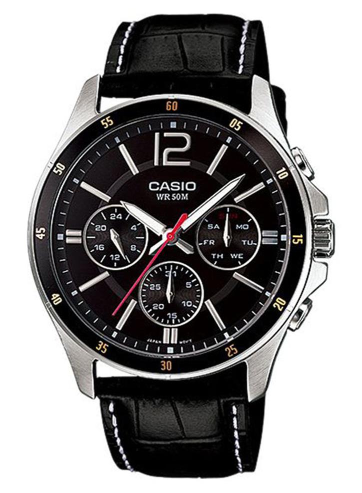 كاسيو ساعة يد بعقارب وسوار من الجلد مقاومة للماء طراز MTP-1374L-1ADF - 47 مم - لون أسود للرجال - Image 1