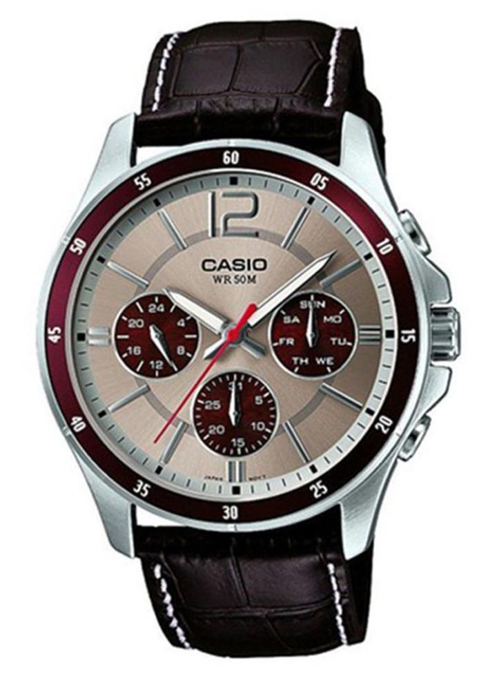 CASIO Men's Water Resistant Leather Band Chronograph Watch MTP-1374L-7A1DF - 44 mm - Brown - Image 1