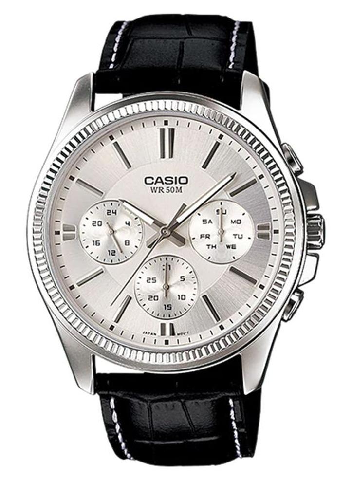 كاسيو ساعة يد كرونوغراف بسوار من الجلد طراز MTP-1375L-7ADF - 42 ملم - لون أسود للرجال - Image 1