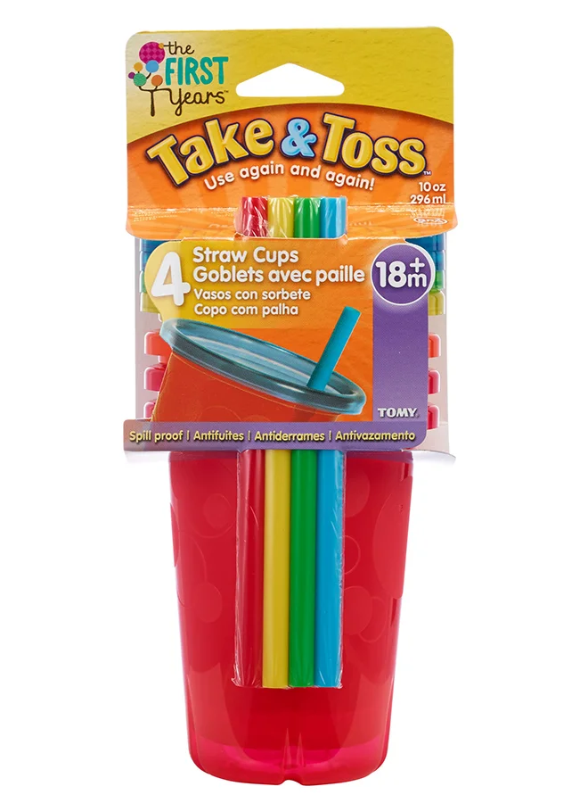 the FIRST years Take And Toss Sipper Cups With Straw, Pack Of 4, 10Oz - Multicolour