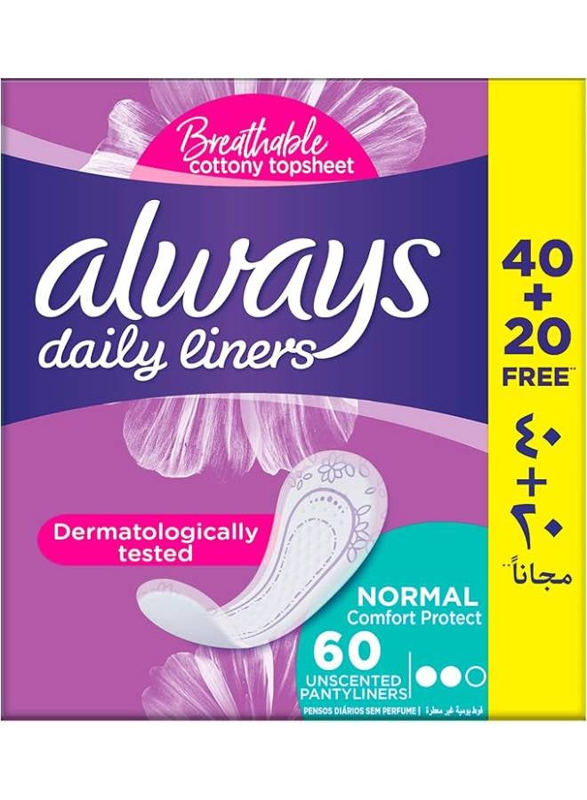 Always Comfort Protect Daily Liners, Normal And Unscented, 60 Piece  - Image 1