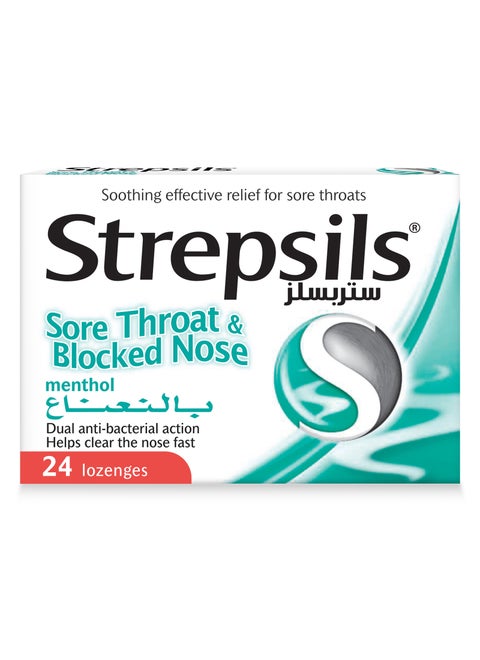 Menthol Sore Throat And Blocked Nose Dual Anti-Bacterial Action Fast Effective Relief From Sore Throats 24 Lozenges