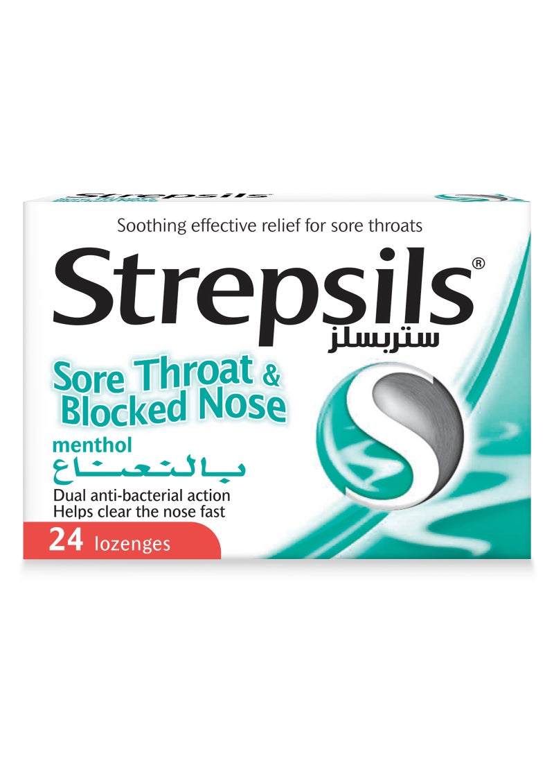 Strepsils Menthol Sore Throat And Blocked Nose Dual Anti-Bacterial Action Fast Effective Relief From Sore Throats 24 Lozenges  - Image 1