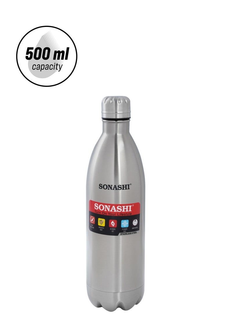 SONASHI - 1L Flask Bottle  Hot And Cold Beverages  Stainless Steel Body with Double Wall Insulation  Unbreakable and Easy to Clean Bottles for Daily Use  Portable Friendly Silver SVB-1002 Silver - Image 1
