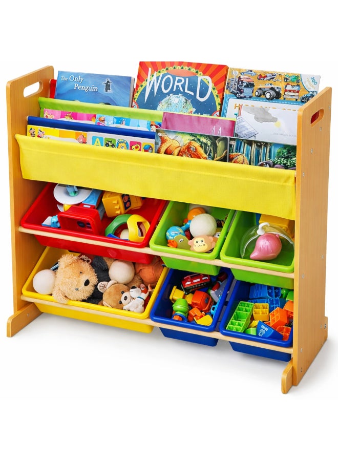 Homesmiths Wood Toy Organizer with Book Rack For Kids Brown Color, 6 Multicolor Bins With 4 Multicolor Sling Pocket | Perfect for Home, Play Schools and Kindergarten D26.5Cm x W86Cm x H78Cm Brown