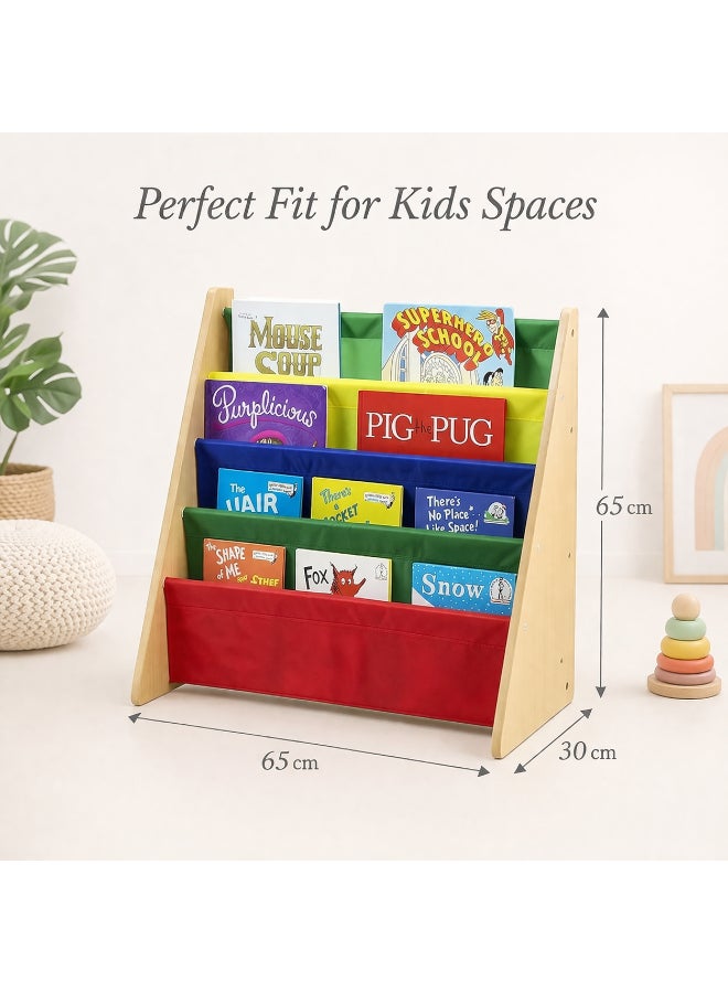 Homesmiths 5 Shelf Book Rack Wood Melamine (Beige) With 5 Multicolor Fabric | Natural Wood | Primary Kids Book Rack Storage Bookshelf D30cm x W65cm x H65cm Brown 24x11x25inch - Image 2