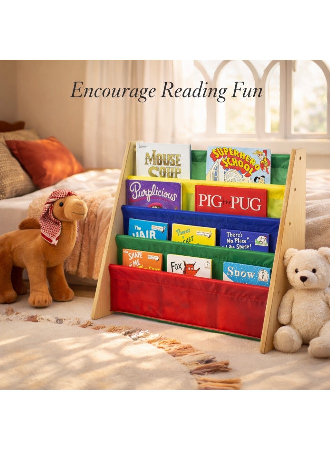 Homesmiths 5 Shelf Book Rack Wood Melamine (Beige) With 5 Multicolor Fabric | Natural Wood | Primary Kids Book Rack Storage Bookshelf D30cm x W65cm x H65cm Brown 24x11x25inch - Image 4