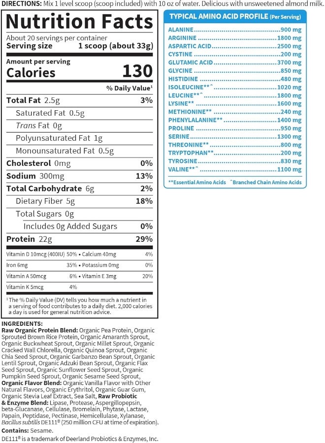 Raw Organic Protein Vanilla 1 Lb Packaging May Vary