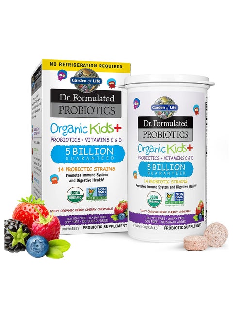 Dr. Formulated Probiotics For Kids Berry And Cherry Flavor Infused With 14 Probiotic Strains And Vitamin C & D Promotes Immune System And Digestive Health 30 Chewable Tablets