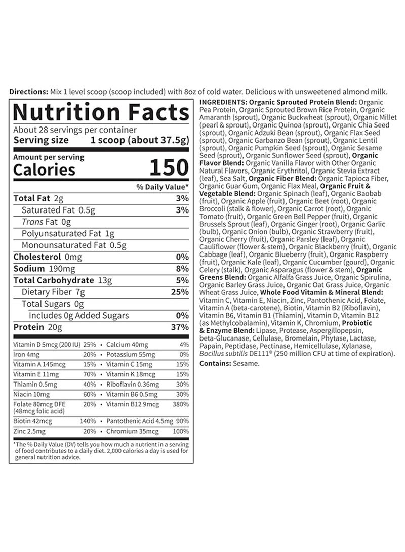 Garden of Life - Raw Organic Meal Vanilla Flavor Plant Based Meal Replacement Shake 0G Sugar, 20G Protein And 7G Fiber 28 Servings 1050G - Image 1