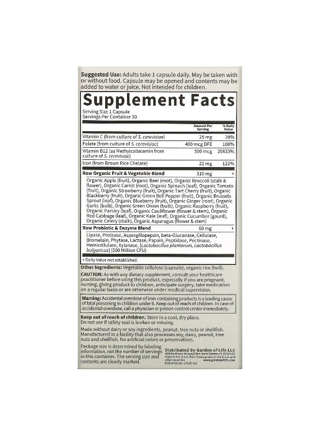 Garden of Life - Vitamin Code Raw Iron 30 Vegan Capsules Packaging May Vary - Image 1