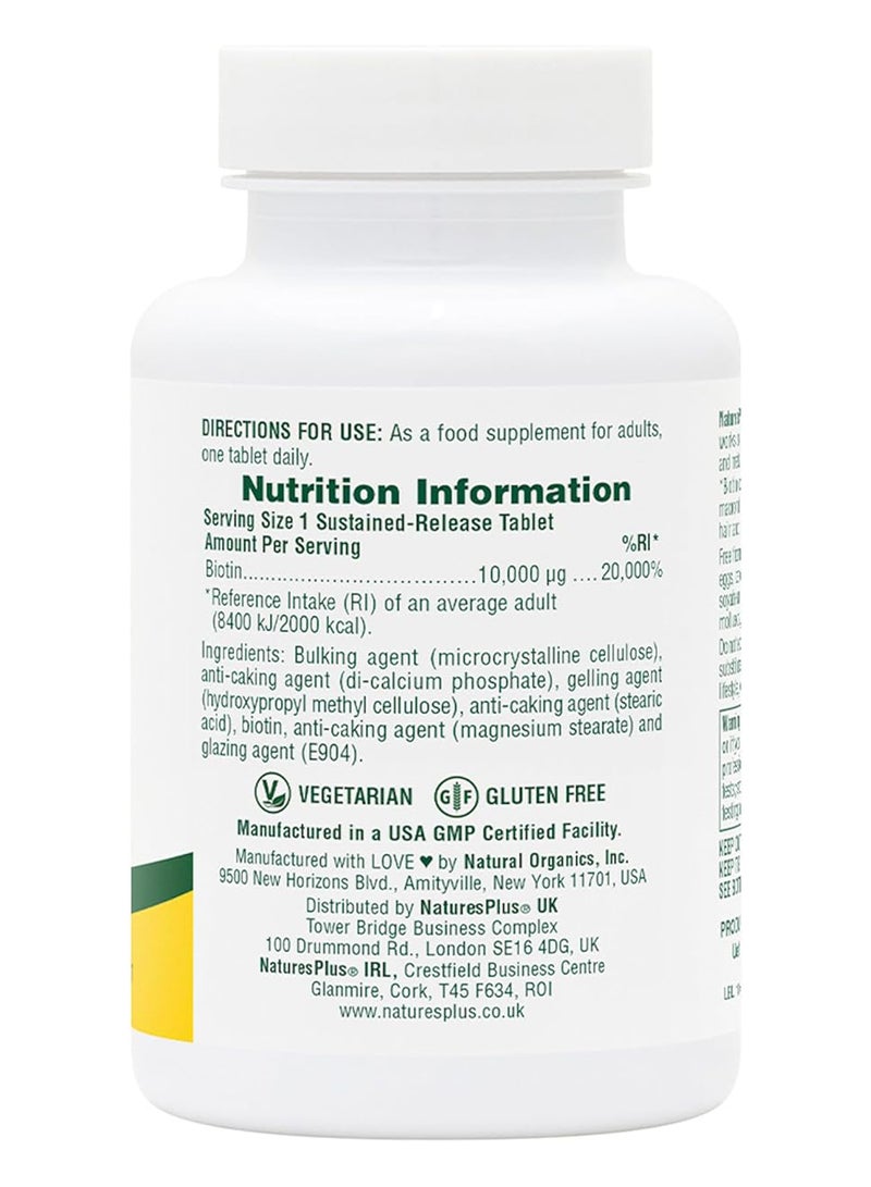 Natures Plus Sustained Release Biotin 10000Mg For Hair And Skin Support Beauty Support 90 Tablets - Image 2