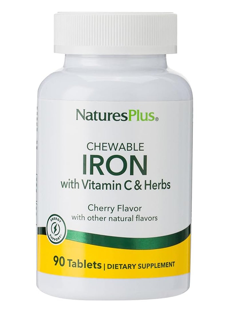 Natures Plus Chewable Iron With Vitamin C & Herbs Dietary Supplement Cherry Flavor Energy Support 90 Tablets - Image 1