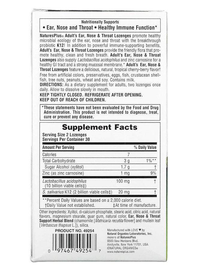 Natures Plus Adult'S Ear Nose And Throat Lozenges Infused With K12 Probiotics Natural Tropical Cherry-Berry Flavor 60 Lozenges - Image 3