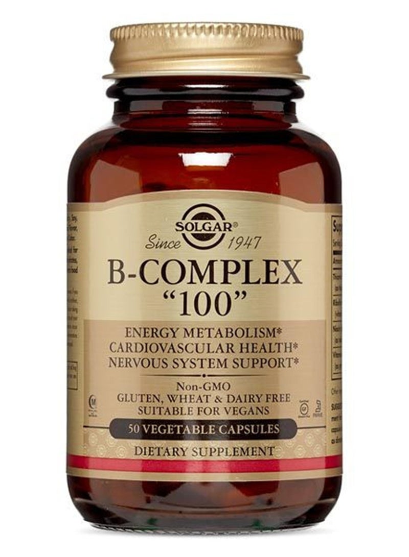 سولجر مكمل غذائي B-Complex 100 لتعزيز عملية التمثيل الغذائي للطاقة وصحة القلب والأوعية الدموية ودعم الجهاز العصبي خالٍ من الغلوتين والقمح ومنتجات الألبان مناسب للنباتيين 50 كبسولة نباتية  - Image 1