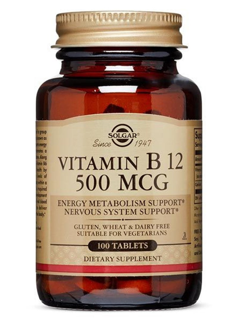 Solgar Vitamin B12 500 Mcg Dietary Supplement Energy Metabolism Support Nervous System Support Gluten, Wheat And Diary Free Suitable For Vegetarians 100 Tablets
