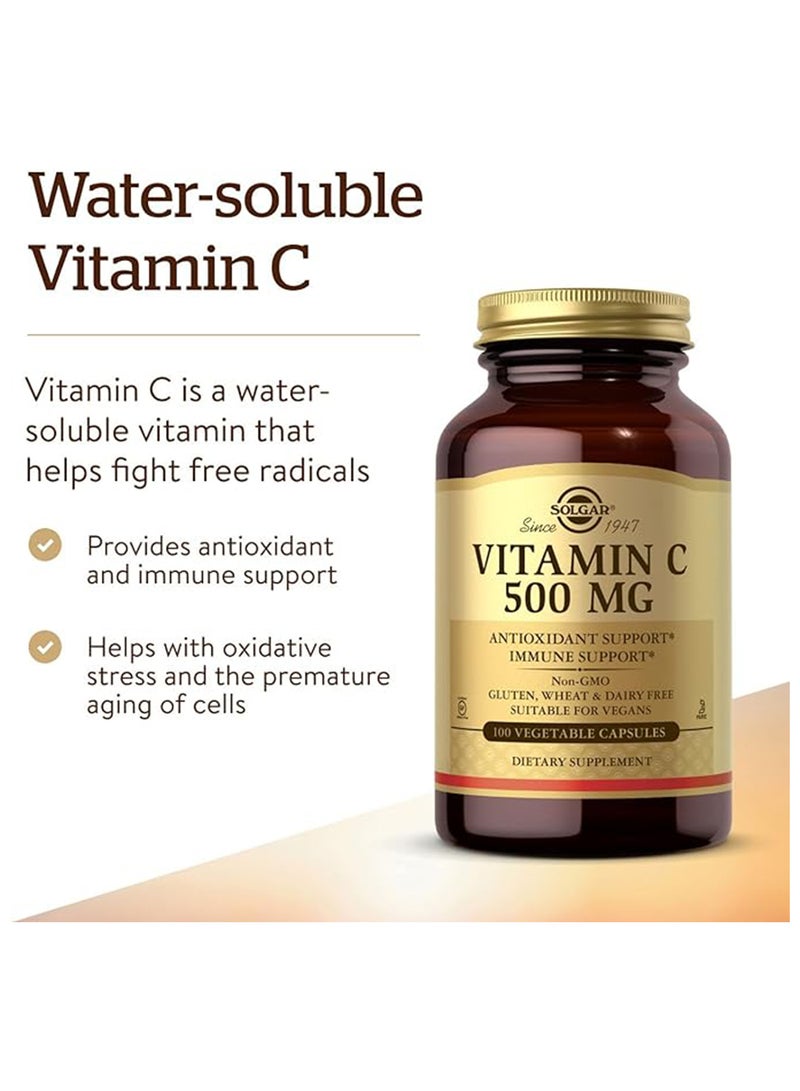 Solgar - Vitamin C 500 Mg Dietary Supplement Antioxidant And Immune Support Gluten, Wheat And Dairy Free Suitable For Vegans 100 Vegetarian Capsules - Image 1