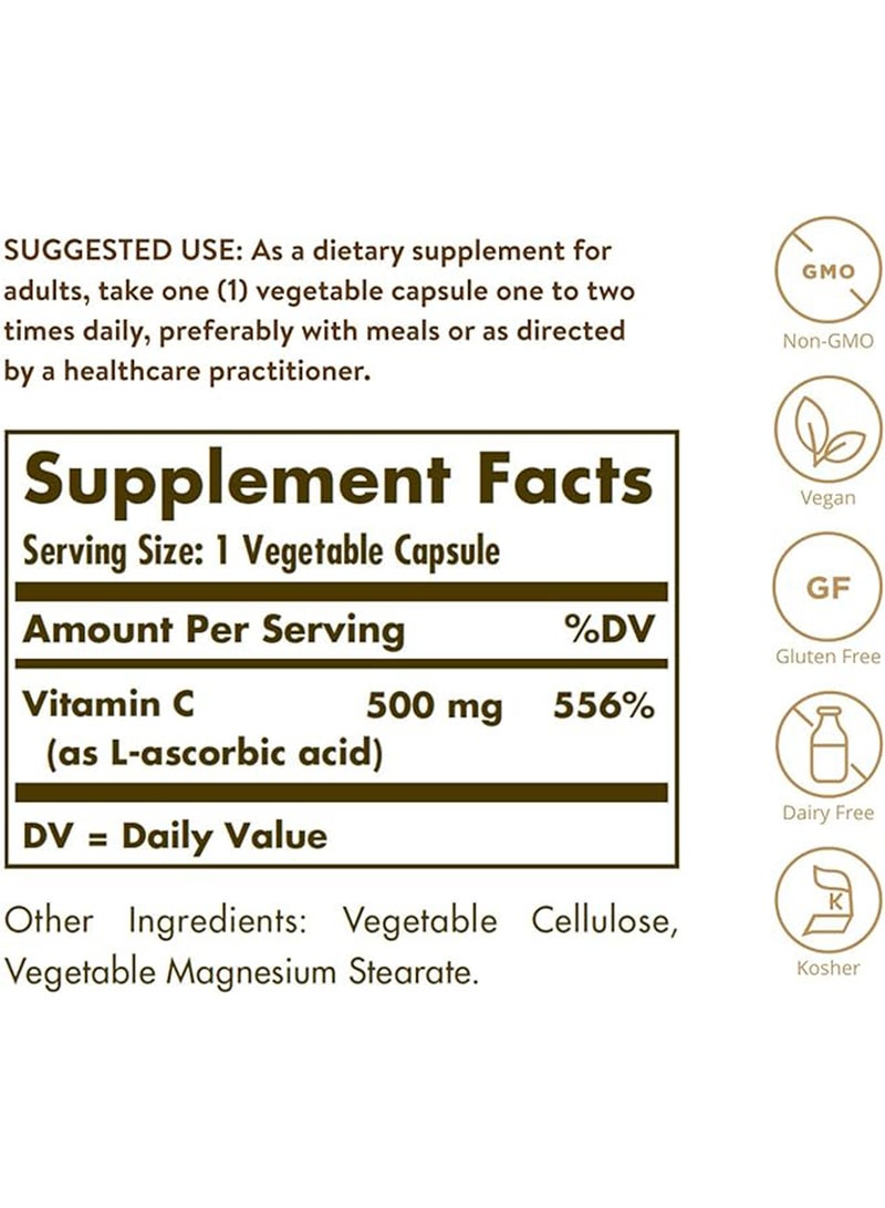 Solgar - Vitamin C 500 Mg Dietary Supplement Antioxidant And Immune Support Gluten, Wheat And Dairy Free Suitable For Vegans 100 Vegetarian Capsules - Image 1