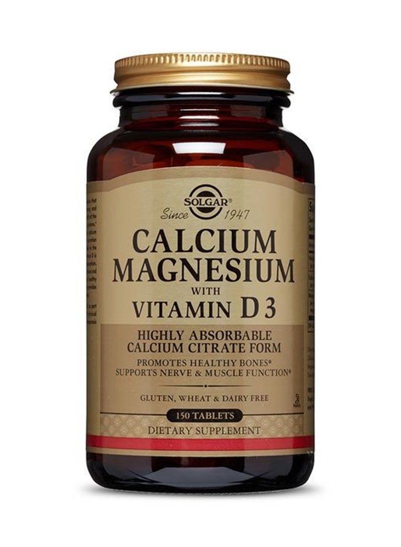 Calcium Magnesium With Vitamin D3 Dietary Supplement Highly Absorbable Form Promotes Healthy Bones Supports Nerve And Muscle Functions - 150 Tablets