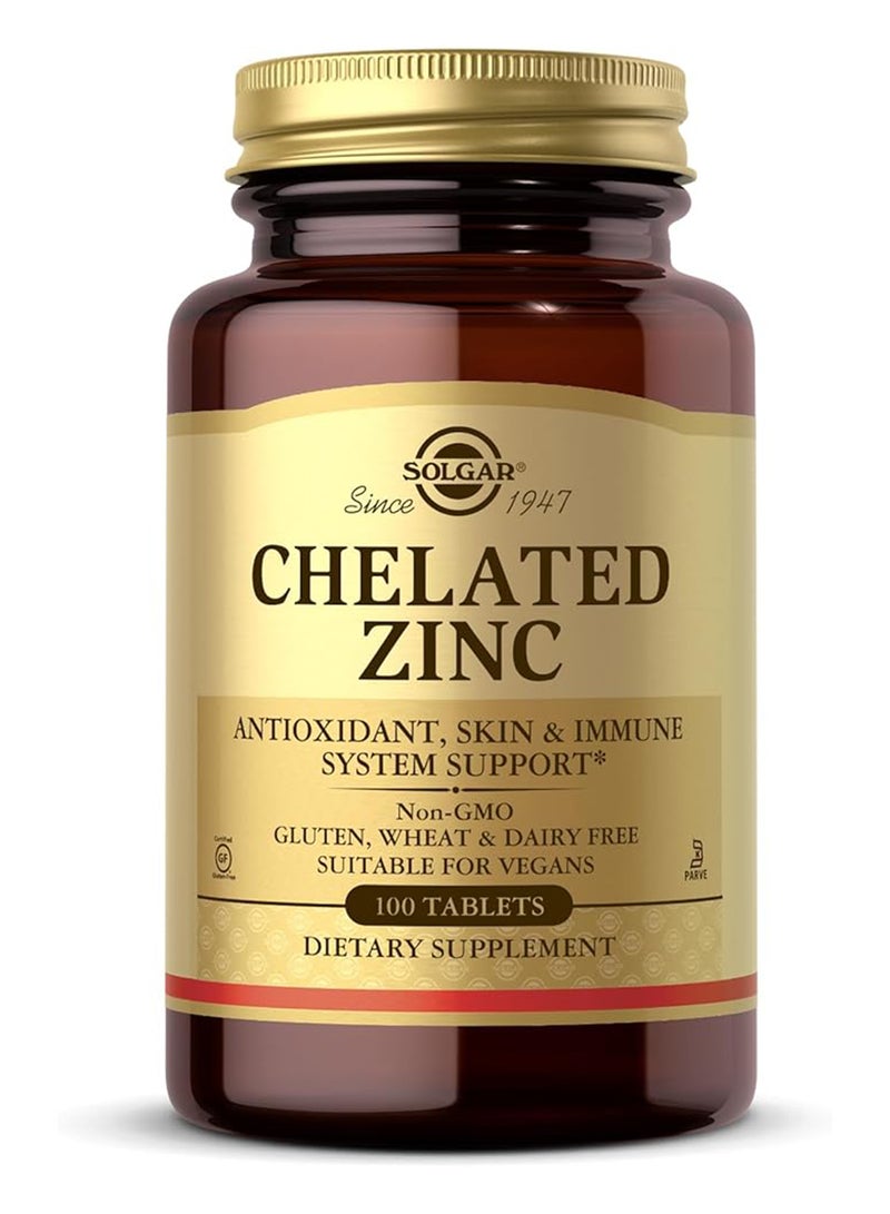 Solgar Chelated Zinc Antioxidant, Skin And Immune System Support Dietary Supplement Gluten, Wheat And Dairy Free Suitable For Vegans 100 Tablets - Image 1