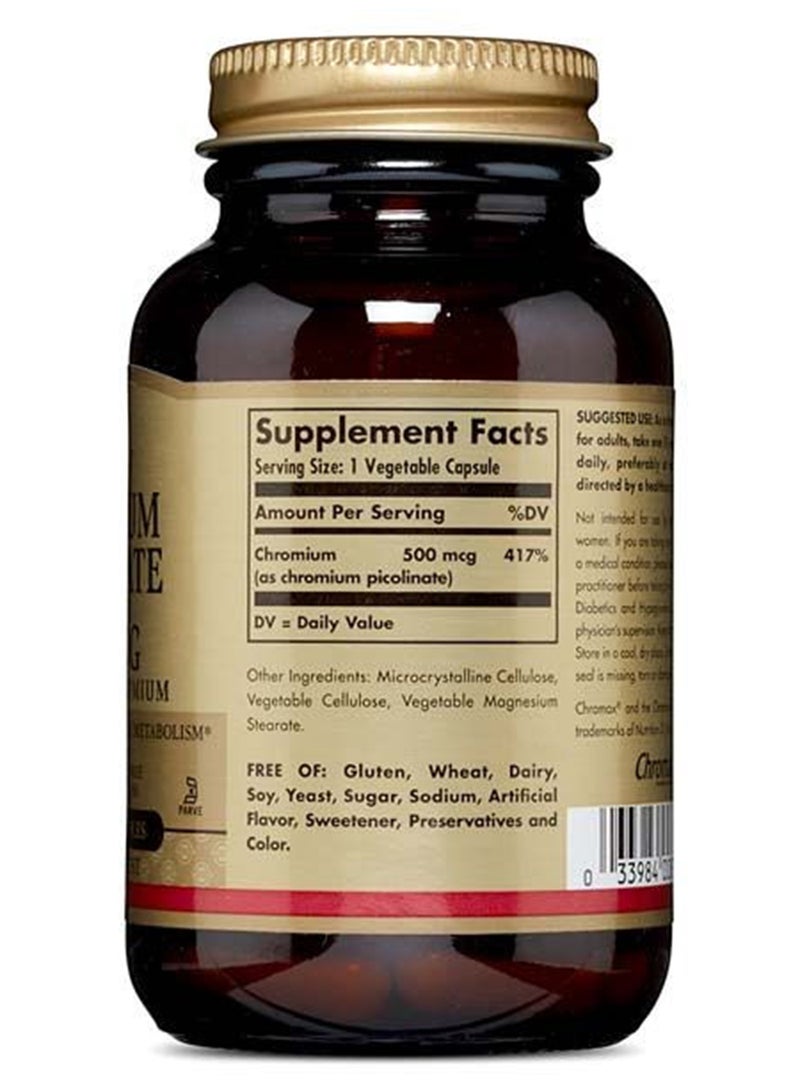 Solgar - Chromium Picolinate 500 Mcg Dietary Supplement Trivalent Elemental Chromium Supports Healthy Blood Sugar Metabolism Gluten, Wheat And Diary Free Suitable For Vegans 60 Vegetable Capsules - Image 1