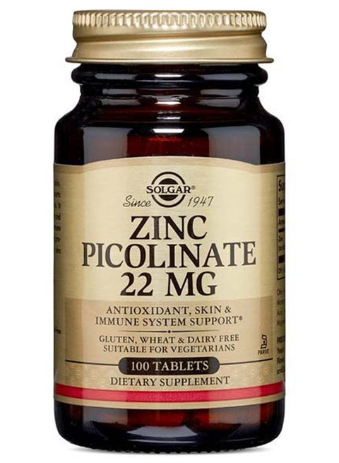 Zinc Picolinate 22 Mg Antioxidant Dietary Supplement Skin And Immune System Support Gluten, Wheat And Diary Free Suitable For Vegans 100 Tablets