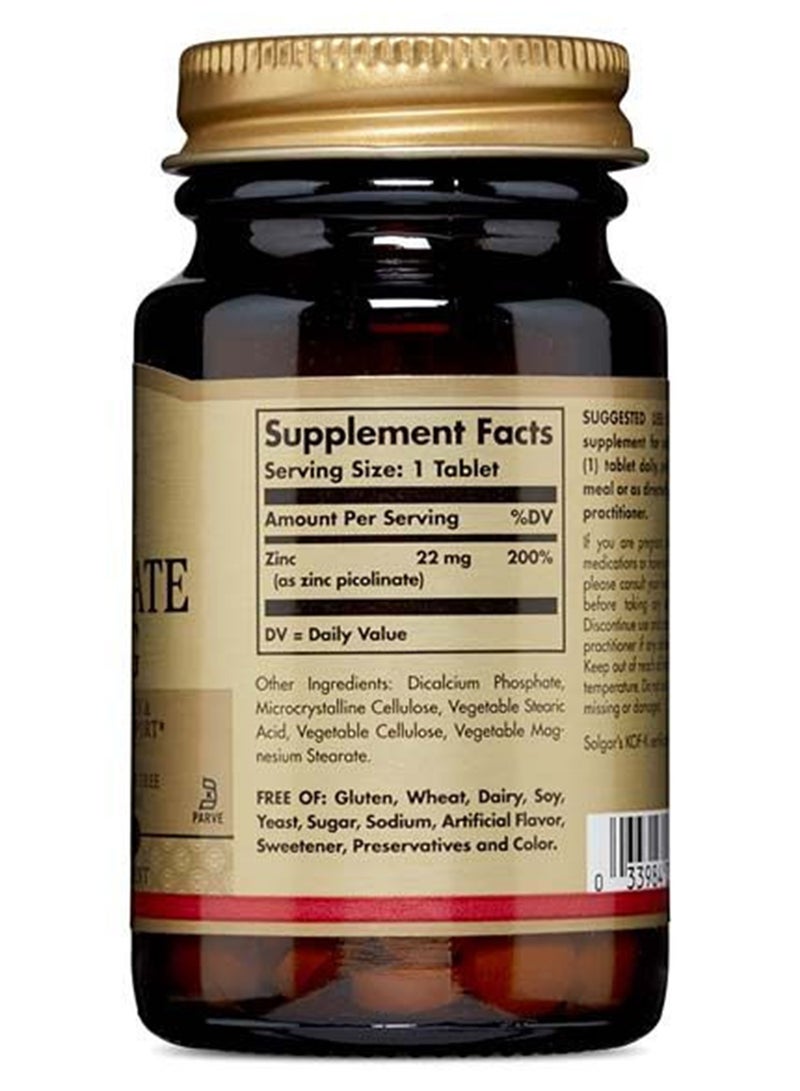 Solgar - Zinc Picolinate 22 Mg Antioxidant Dietary Supplement Skin And Immune System Support Gluten, Wheat And Diary Free Suitable For Vegans 100 Tablets - Image 1