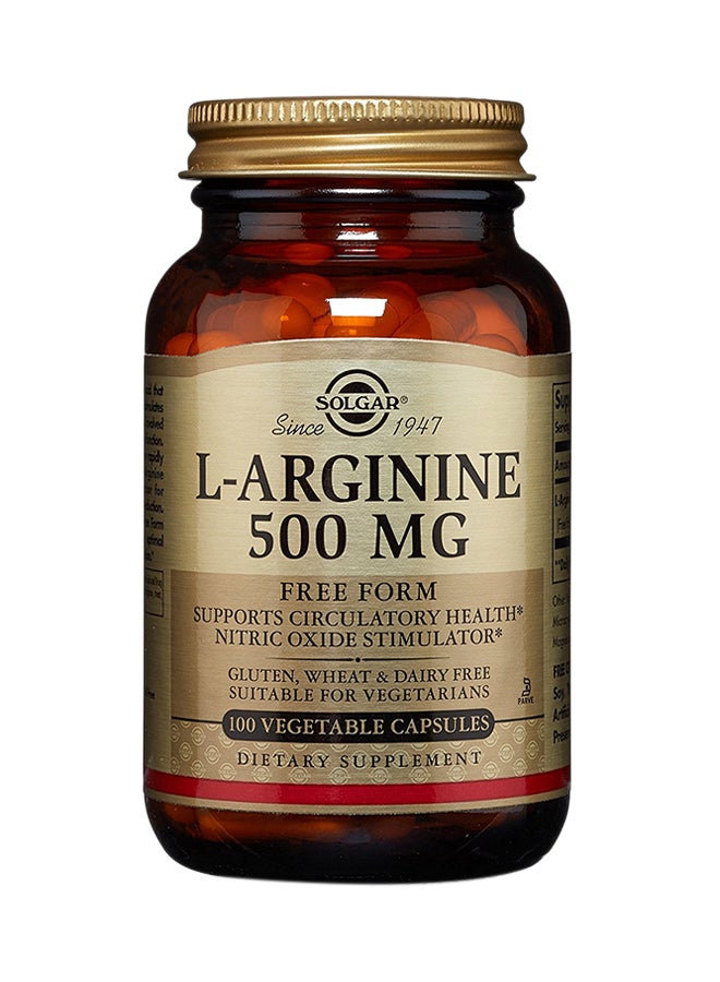Solgar L-Arginine 500mg 100 Vegetable Capsules - Image 1