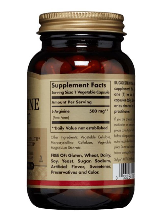 Solgar L-Arginine 500mg 100 Vegetable Capsules - Image 2