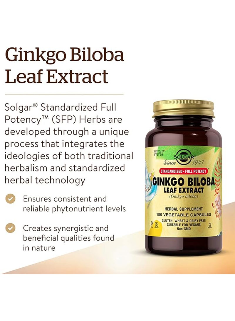 Solgar Ginkgo Biloba Leaf Extract Standardized Full Potency Herbal Supplement Gluten, Wheat And Dairy Free Suitable For Vegans 180 Vegetable Capsules - Image 2