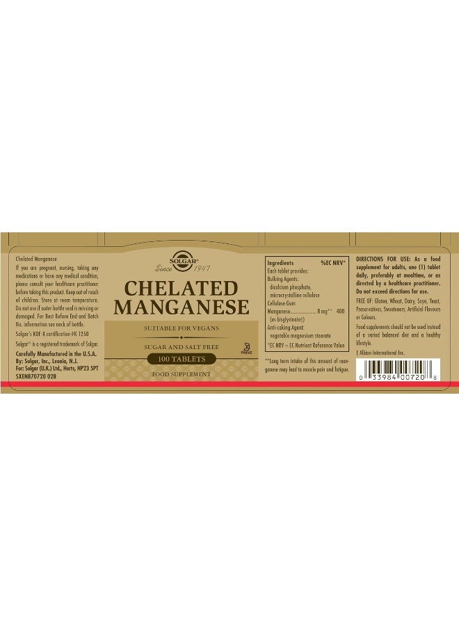 Solgar - Chelated Manganese Dietary Supplement - 100 Tablets - Image 1