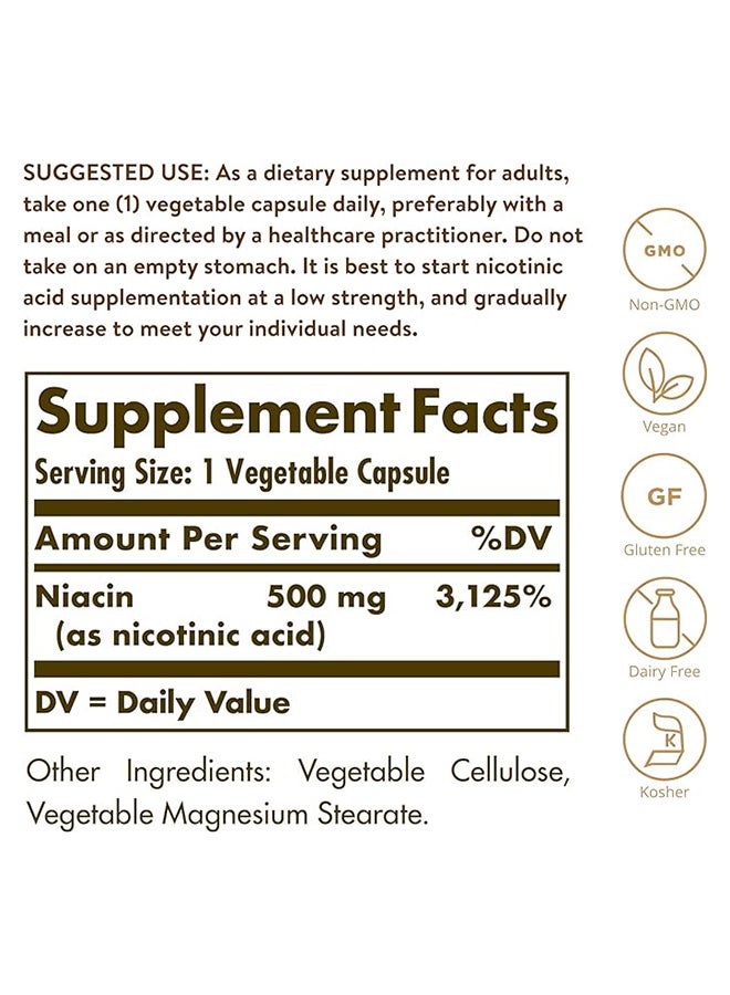 Solgar Niacin 500 Mg Cardiovascular Support And Energy Metabolism Gluten Wheat And Dairy Free 100 Vegetable Capsules - Image 4
