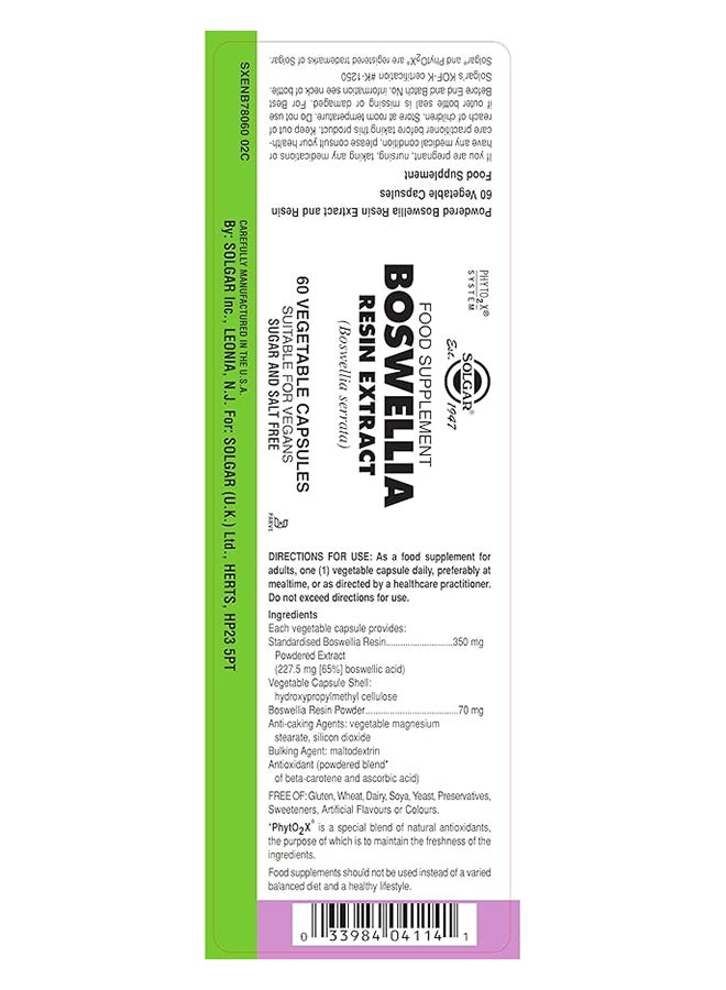 Solgar Bosewellia Resin Extract Herbal Supplement Gluten Wheat And Dairy Free  Suitable For Vegans 60 Vegetable Capsules - Image 3