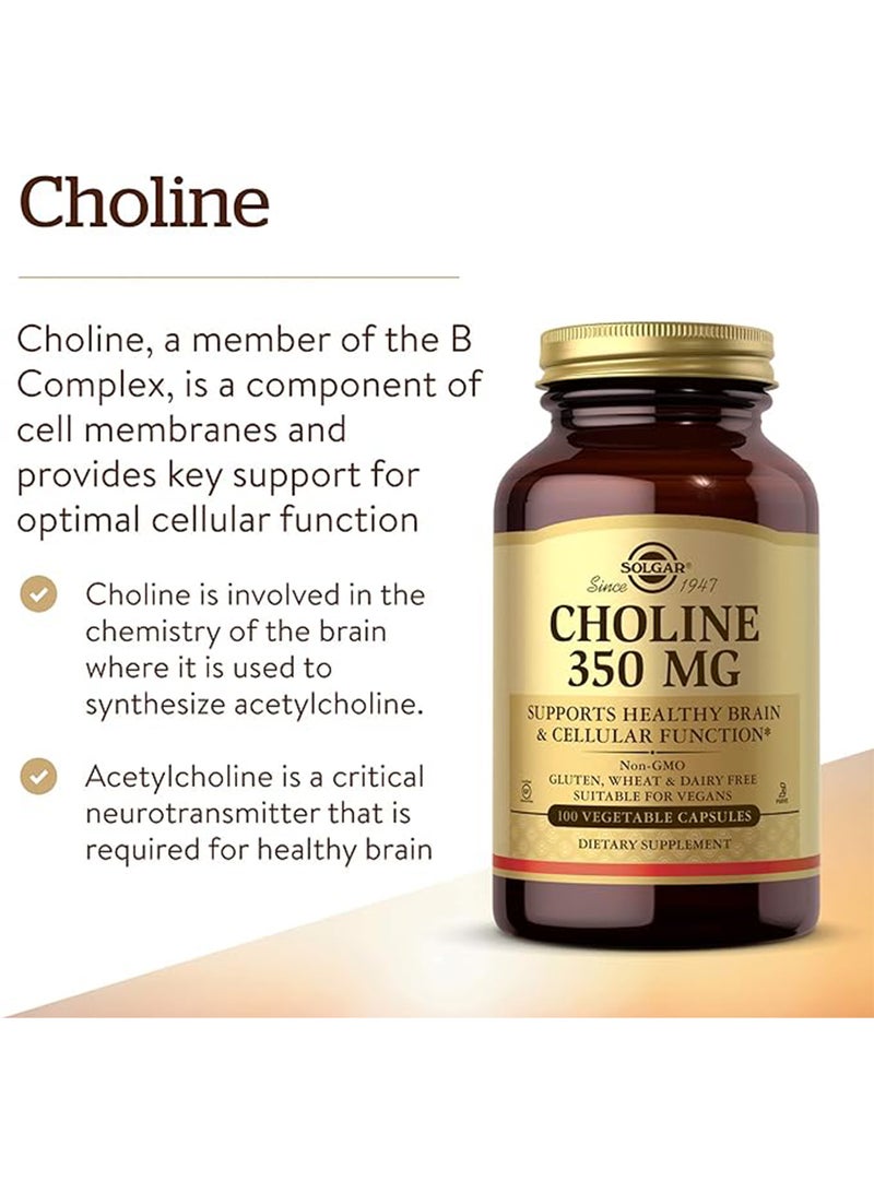 Solgar Choline 350 Mg Food Supplement Sugar, Salt And Starch Free Suitable For Vegans 100 Vegetable Capsules  - Image 2