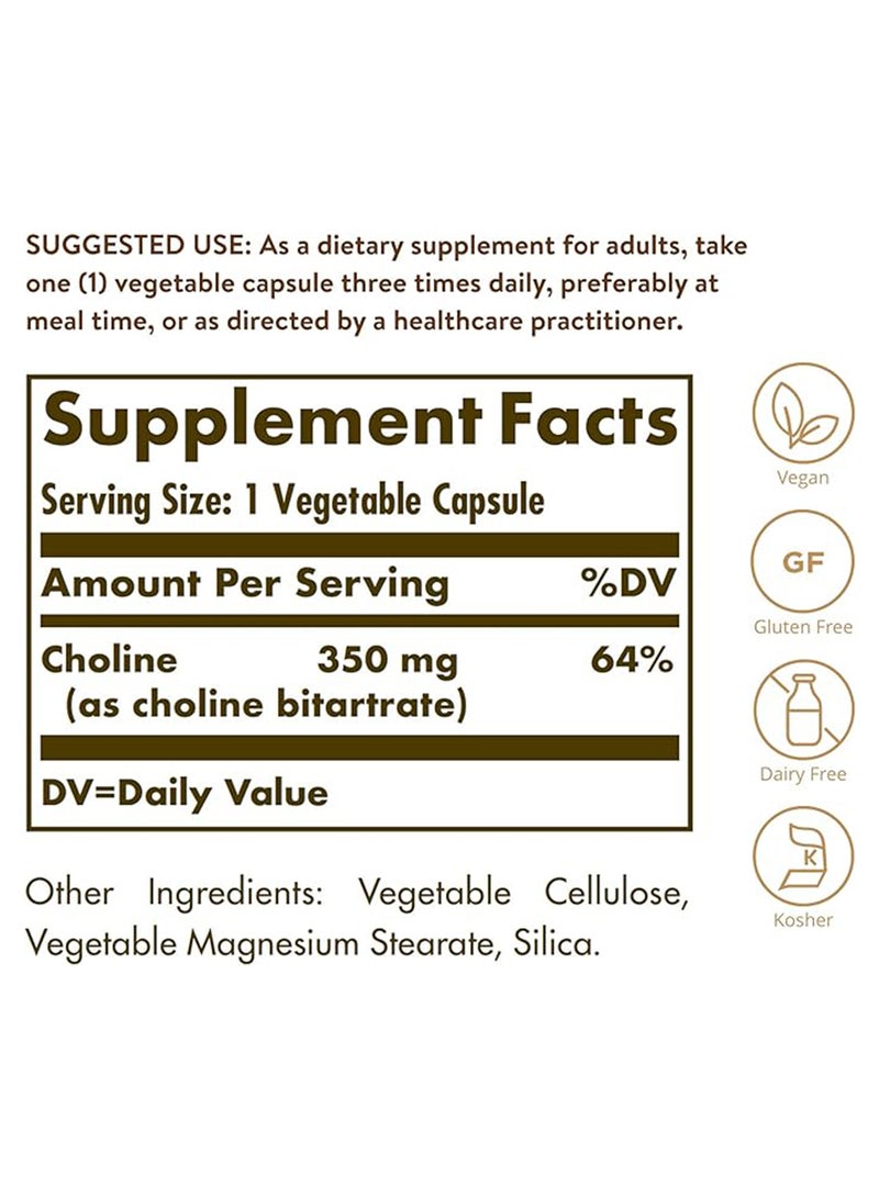 Solgar Choline 350 Mg Food Supplement Sugar, Salt And Starch Free Suitable For Vegans 100 Vegetable Capsules  - Image 4