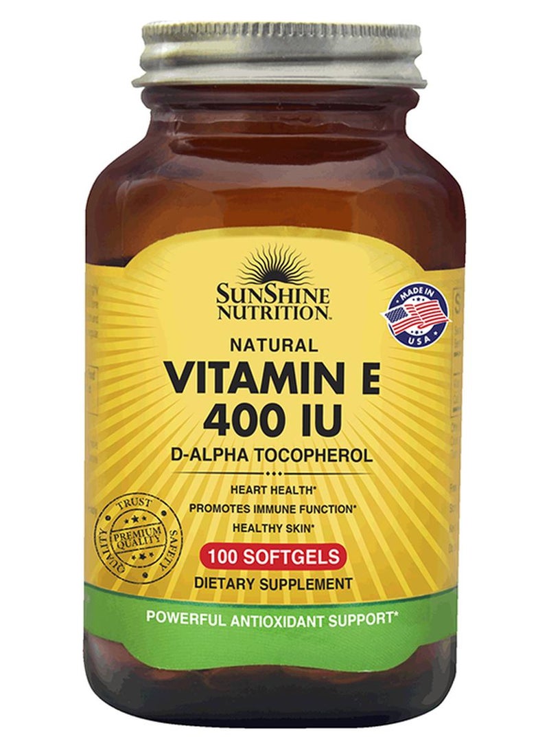 SUNSHINE NUTRITION Vitamin E D-Alpha Tocopherol Dietary Supplement 100 Softgels - Image 1