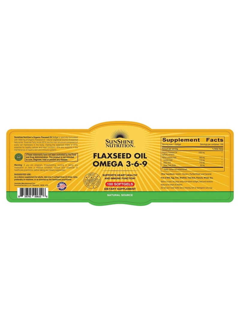 سنشاين نيوترشن زيت بذور الكتان العضوي أوميغا 3-6-9 مكمل غذائي 100 كبسولة هلامية - Image 2