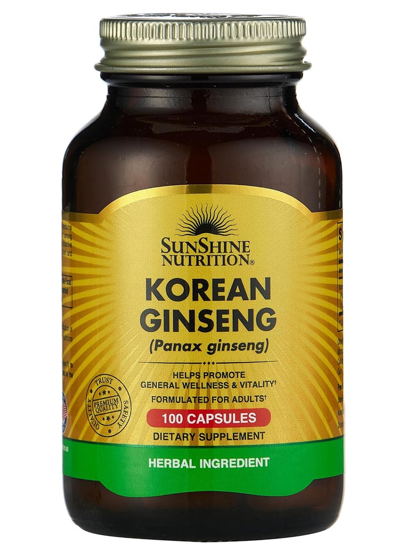 SUNSHINE NUTRITION - Korean Panax Ginseng Dietary Supplement Helps Promote General Wellness And Vitality Herbal Ingredient 100 Capsules - Image 1