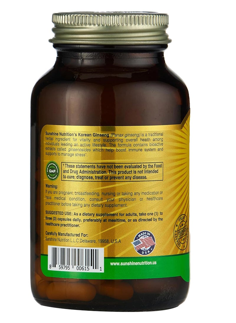 SUNSHINE NUTRITION - Korean Panax Ginseng Dietary Supplement Helps Promote General Wellness And Vitality Herbal Ingredient 100 Capsules - Image 1